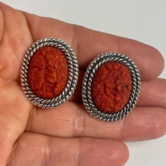 AKR Sterling Silver Carved Red Coral Earrings - Picture 3 of 8